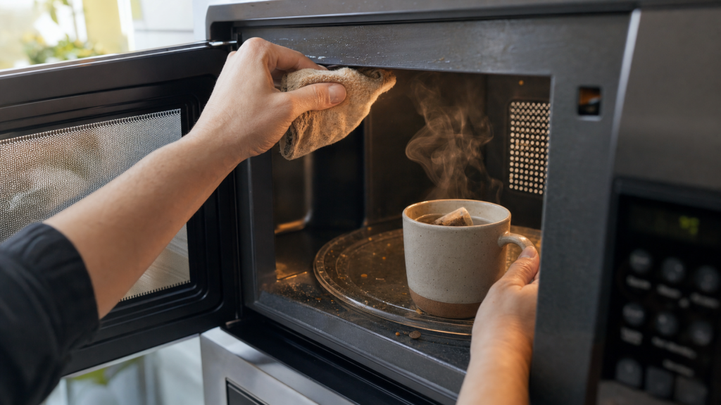 Hands wiping the inside of a microwave after steaming with a used tea bag in a mug; steam rising and softened grime being cleaned.