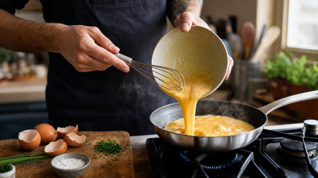 Chef's hands whisking eggs and pouring egg mixture into a small pan on a sunlit kitchen stove to make a fluffy milk-free omelette, rustic countertop with eggs and herbs.