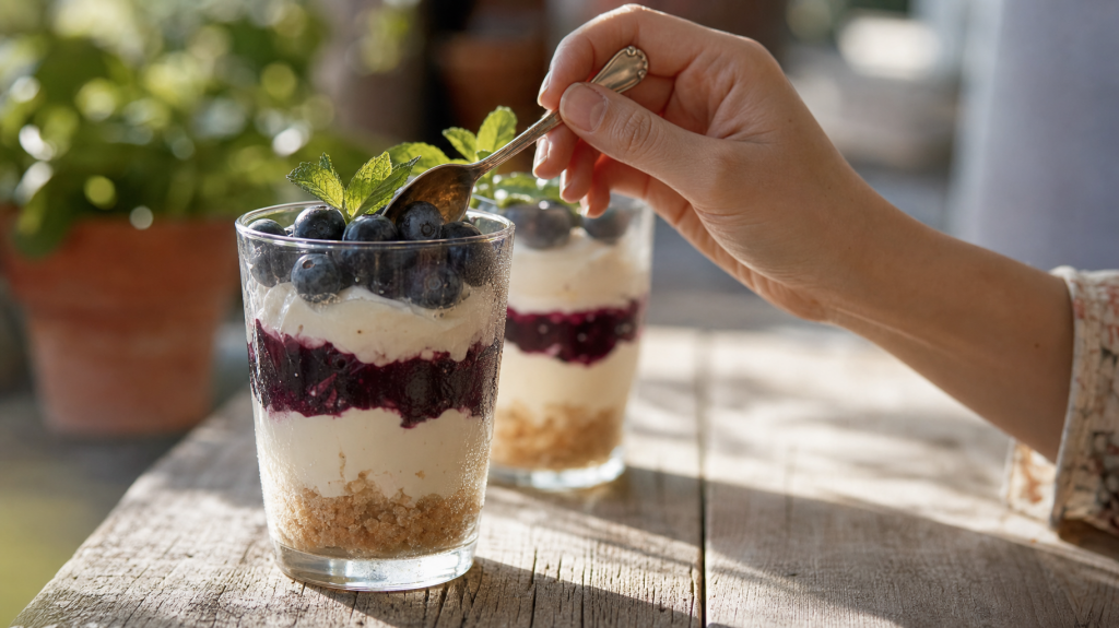 Two glasses of no-bake blueberry mascarpone dessert on a rustic wooden table, one being scooped with a spoon in warm natural light.