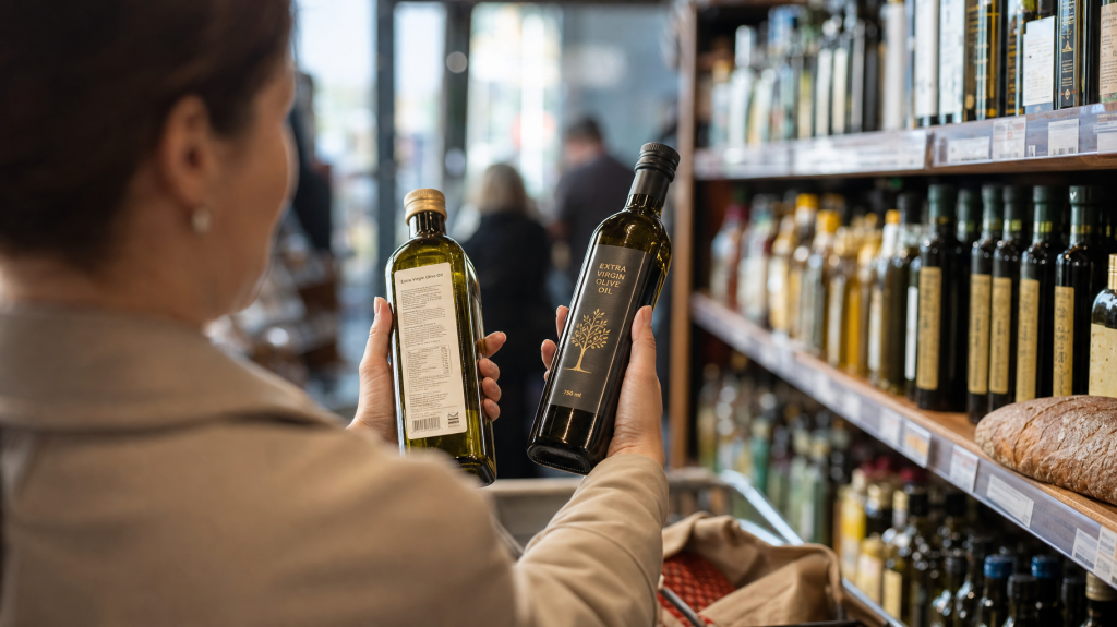 Shopper in a sunlit supermarket aisle holding and comparing two bottles of olive oil, hands and labels in sharp focus with blurred shelves behind.