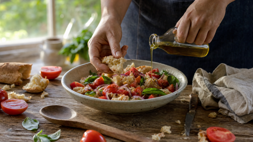 Editorial photo of panzanella in a ceramic bowl with torn stale bread, ripe tomatoes and basil on a sunlit rustic wooden table, hands tearing bread and pouring olive oil.
