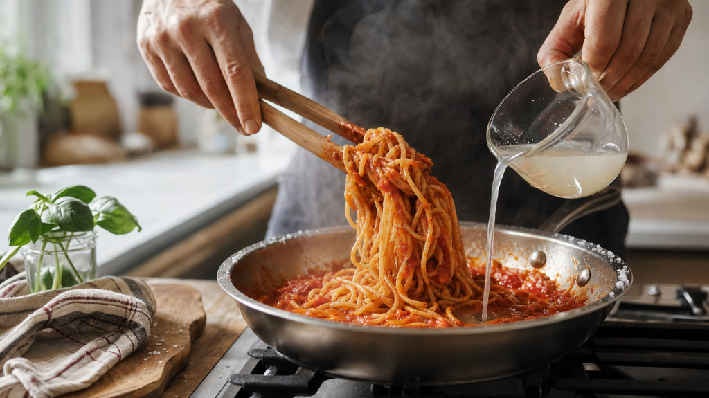 Hands stirring spaghetti into tomato sauce while pouring reserved starchy pasta water, shallow depth of field, editorial kitchen scene.