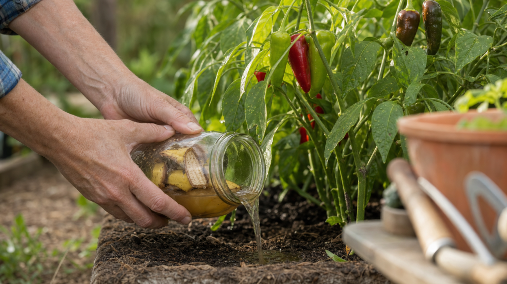 Close-up of a gardener's hands pouring a banana-peel infusion from a jar at the base of pepper plants in a sunlit backyard vegetable bed, August.