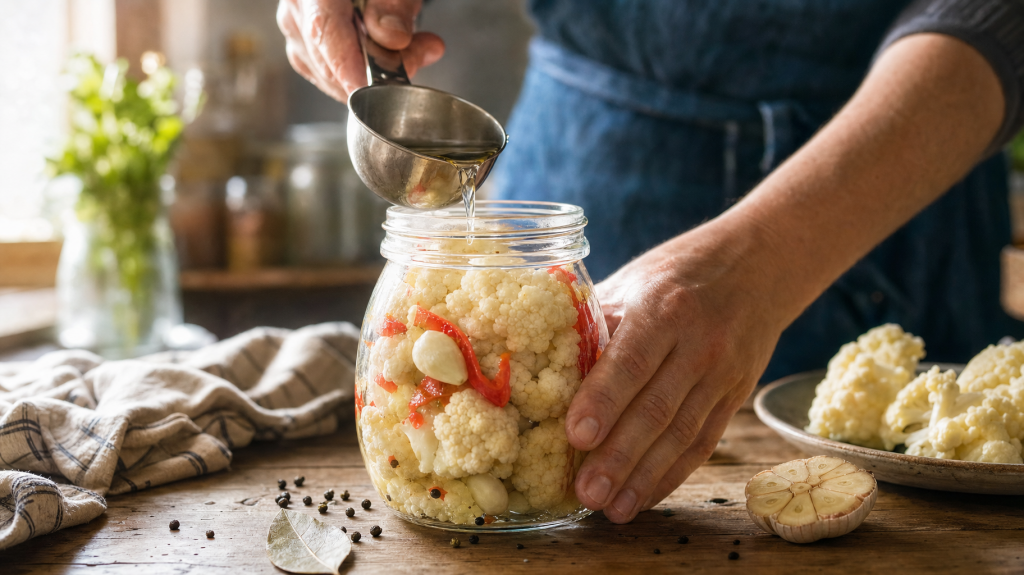 Open jar of pickled cauliflower with red pepper and garlic on a wooden table, hands pouring brine, natural window light, shallow depth of field, editorial style.