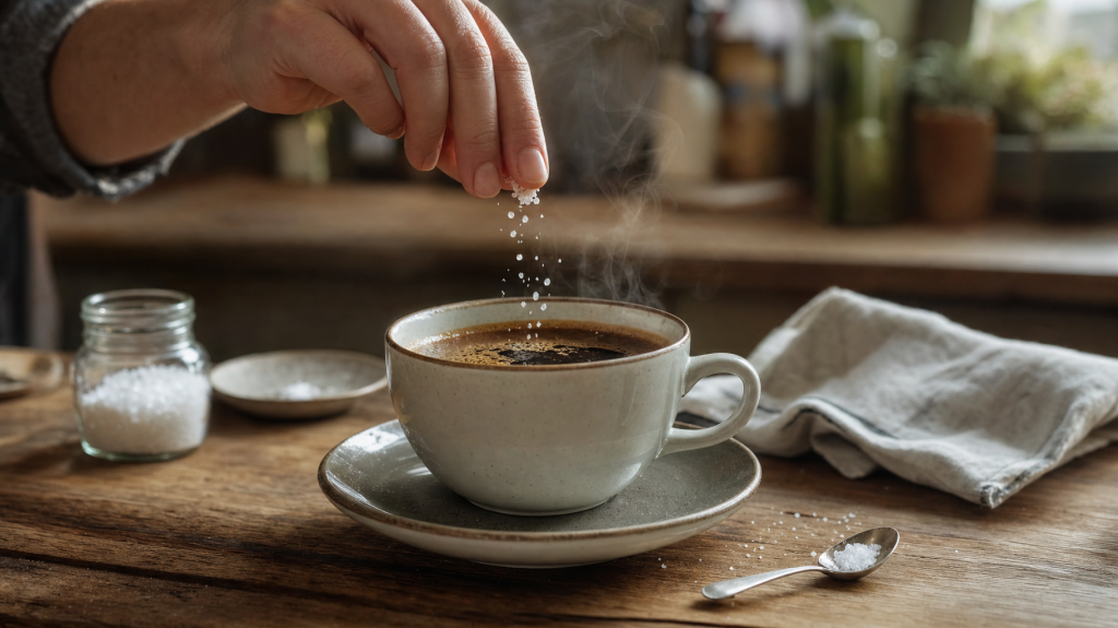 Editorial photo of a hand pinching salt above a steaming cup of black coffee on a wooden counter, natural window light, shallow depth of field, magazine-quality.