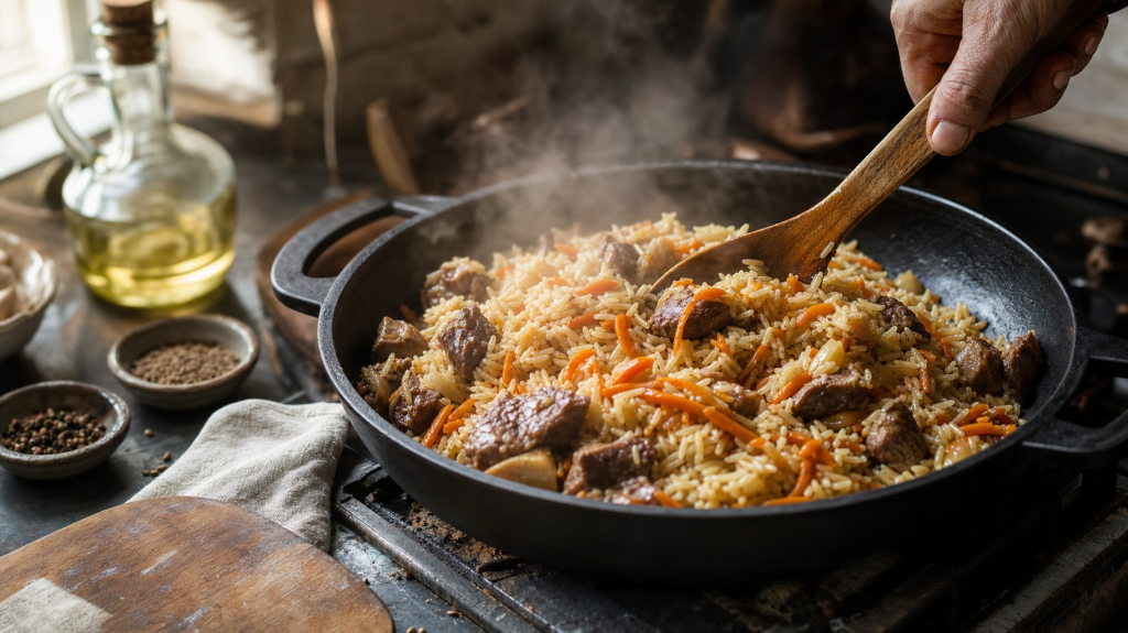 Editorial close-up of plov in a skillet on a rustic stove, steam rising, separated rice grains and tender meat, wooden spoon, natural window light.