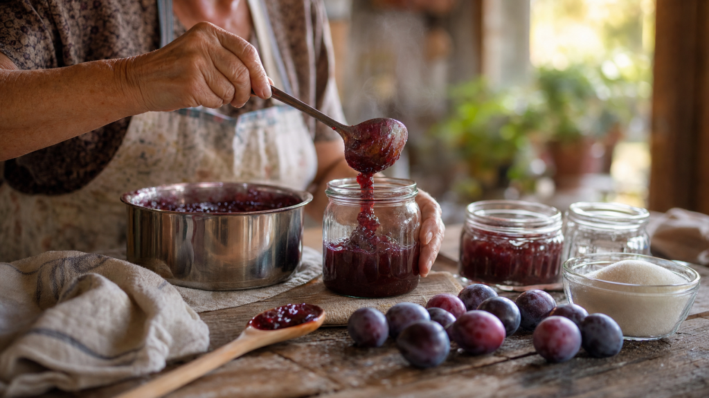 Elderly woman ladling hot glossy plum jam into a glass jar on a worn wooden table with fresh plums and jars in soft window light