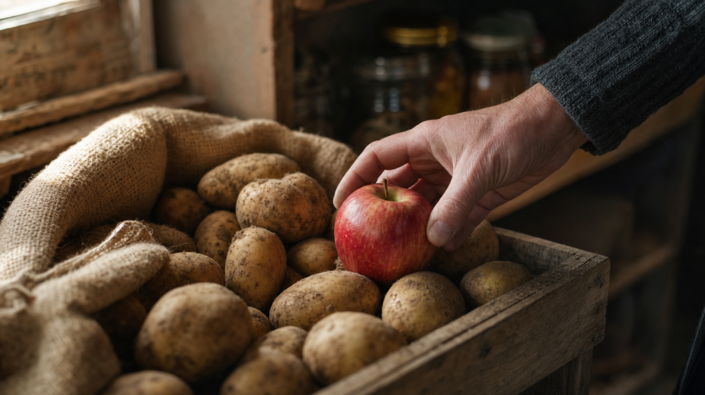 Hand placing a red apple among unwashed potatoes in a wooden crate on a pantry shelf, lit by soft natural window light.