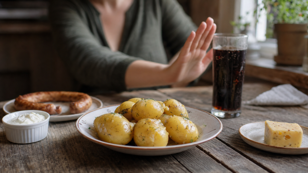 Sunlit kitchen table with a sharply focused plate of potatoes; blurred plates with sausage, sour cream and a glass of soda as a hand gently pushes the drink away.