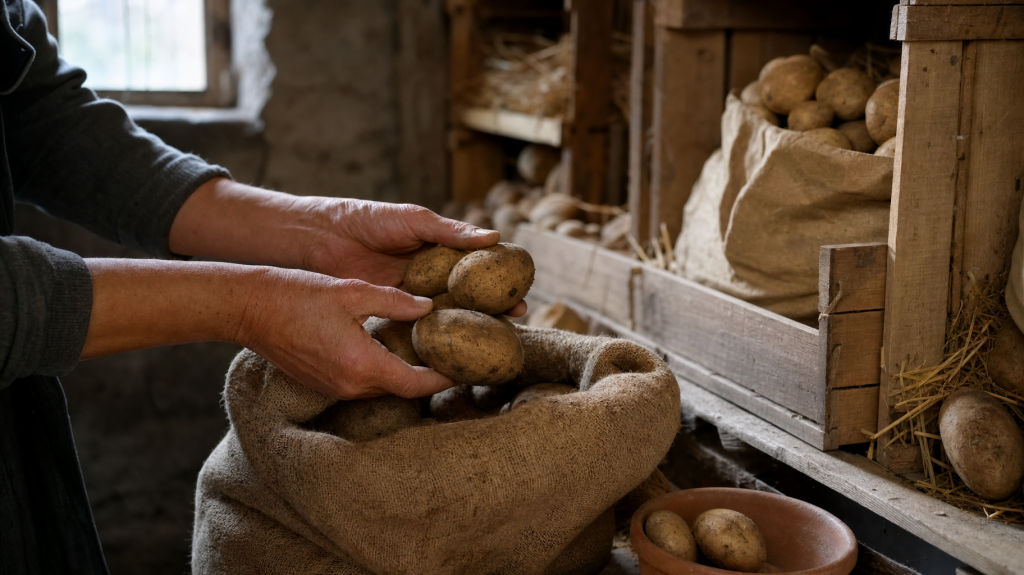 Hands placing potatoes into a burlap sack on a wooden shelf in a cool home pantry/root cellar, soft natural window light, shallow depth of field.