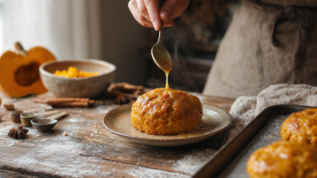 Baker drizzling browned-butter glaze over a freshly baked pumpkin cookie on a rustic plate, with blurred pumpkin, spices and baking tools in the background.