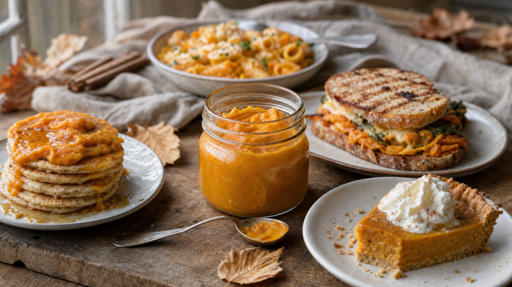 Editorial photo of a jar of pumpkin puree on a rustic wooden table with a slice of pumpkin pie, pancakes and a grilled pumpkin sandwich in soft window light; pasta bowl blurred in background.