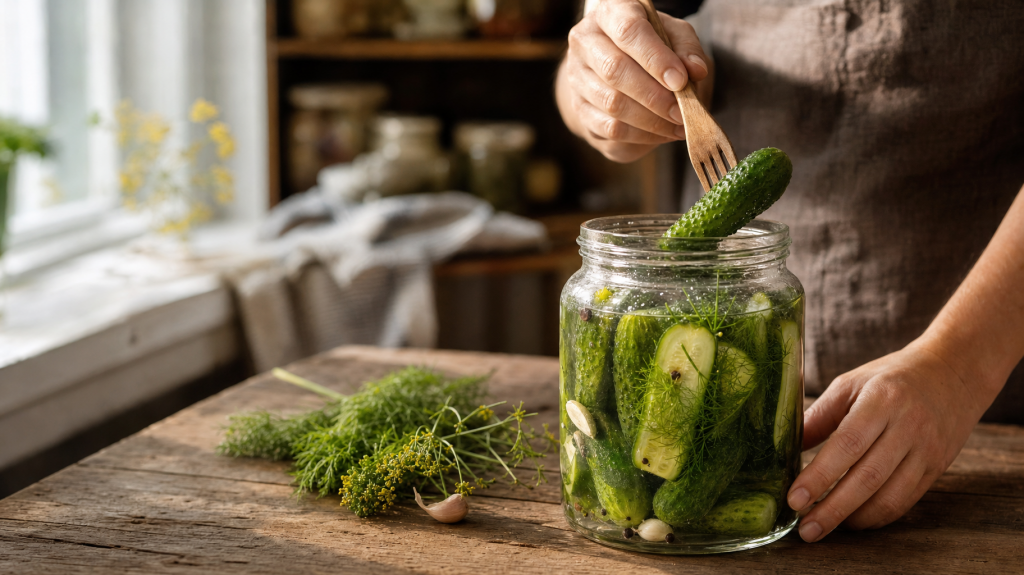 Open glass jar of homemade 24-hour quick-pickled cucumbers with dill and garlic on a wooden table, hand lifting a cucumber, soft natural window light, shallow depth of field.
