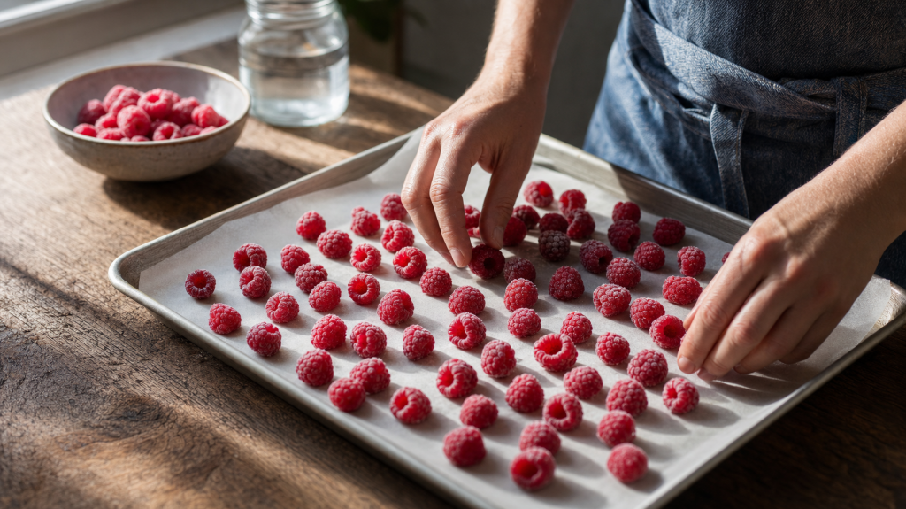 Close-up, three-quarter view of raspberries spaced on a parchment-lined baking tray being arranged by hands on a sunlit wooden kitchen counter for flash-freezing.