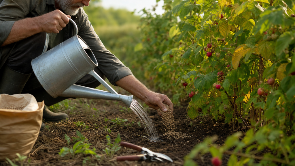Gardener watering and lightly fertilizing raspberry bushes in early September, close-up on hands, ripe raspberries and autumn-tinged leaves with soft background blur.