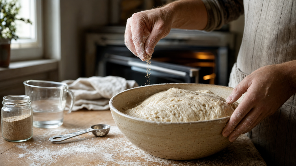 Sunlit kitchen: hands adding fresh yeast/warm water to sluggish dough in a flour-dusted ceramic bowl on a wooden counter.