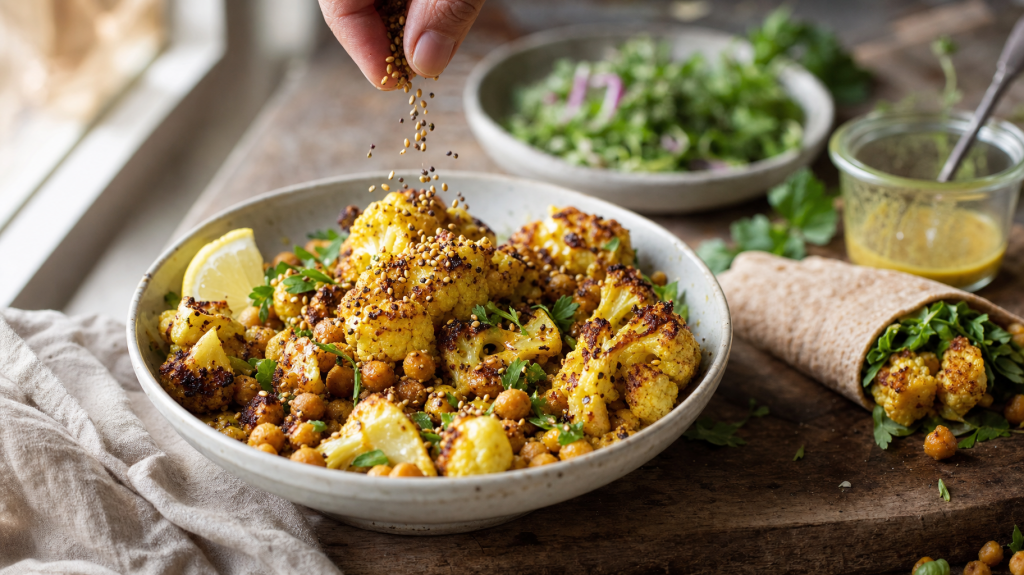 Editorial photograph of a ceramic bowl of roasted cauliflower and chickpeas in turmeric-mustard dressing on a wooden table, with a partially assembled wrap and salad blurred in the background; natural window light, shallow depth of field.
