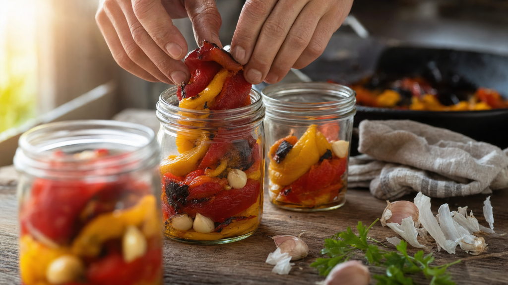 Close-up editorial photo of hands packing roasted red and yellow pepper strips with garlic into a glass jar on a wooden table in a sunlit kitchen, shallow depth of field.