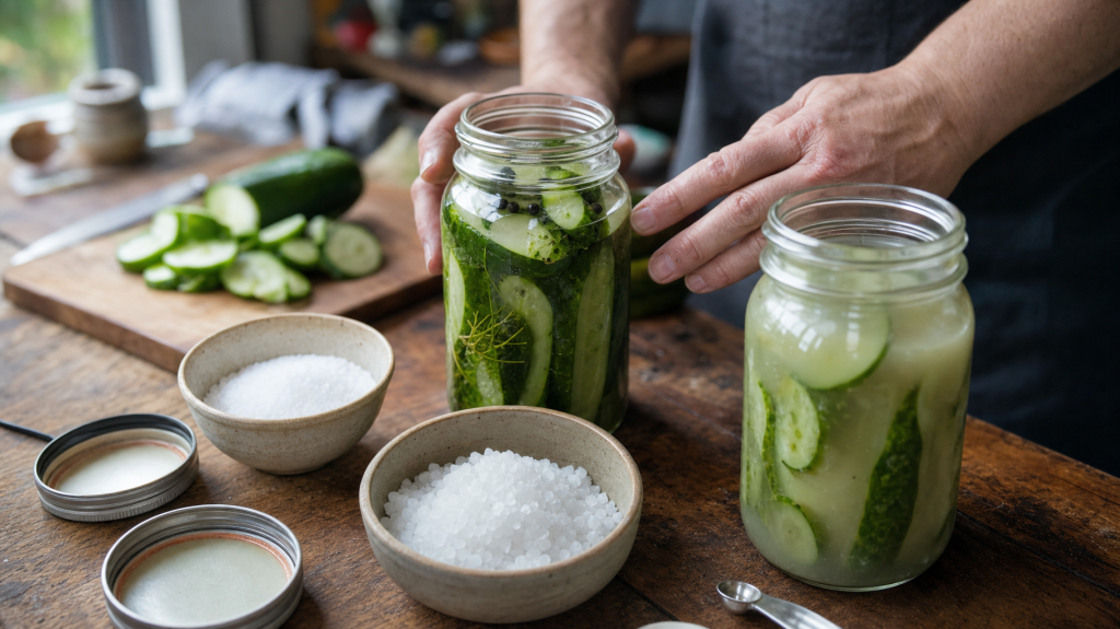 Editorial photo: hands comparing jars of pickled cucumbers and small bowls of different salts on a wooden kitchen counter in natural window light.