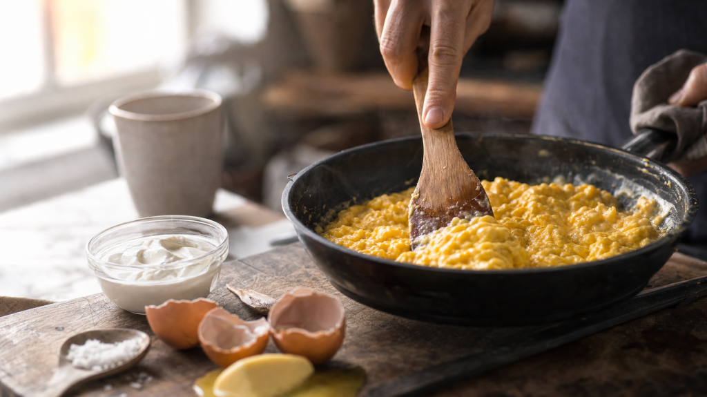 Cook folding creamy scrambled eggs in a pan with a small bowl of crème fraîche on a wooden cutting board, shot in soft natural morning light.