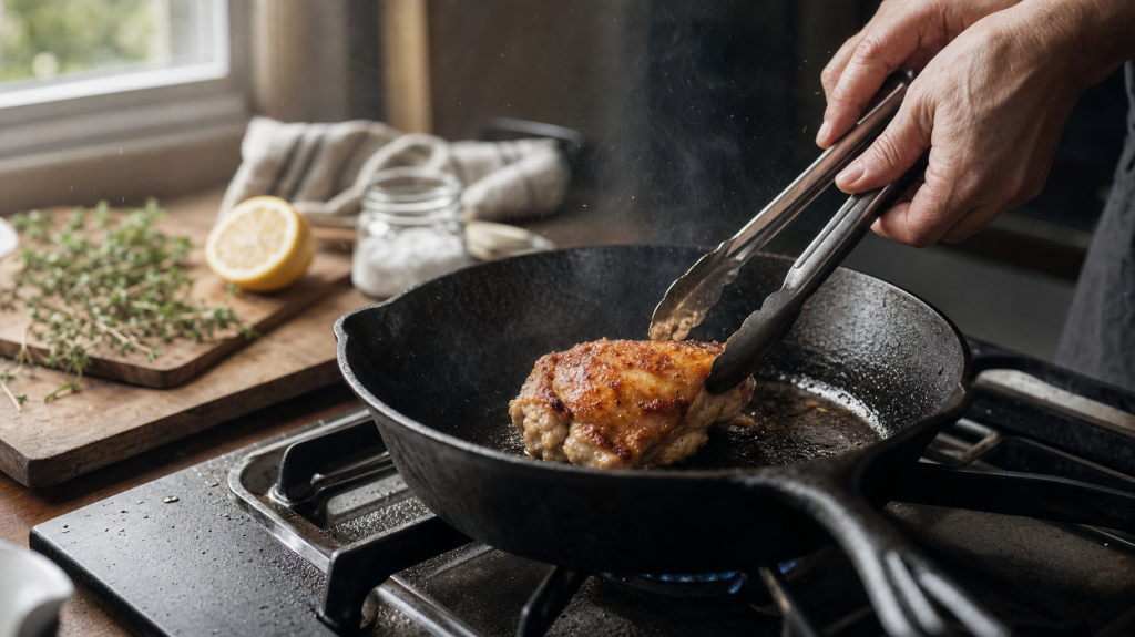Cast-iron skillet with a golden-brown chicken thigh being seared, hands holding tongs, steam rising.