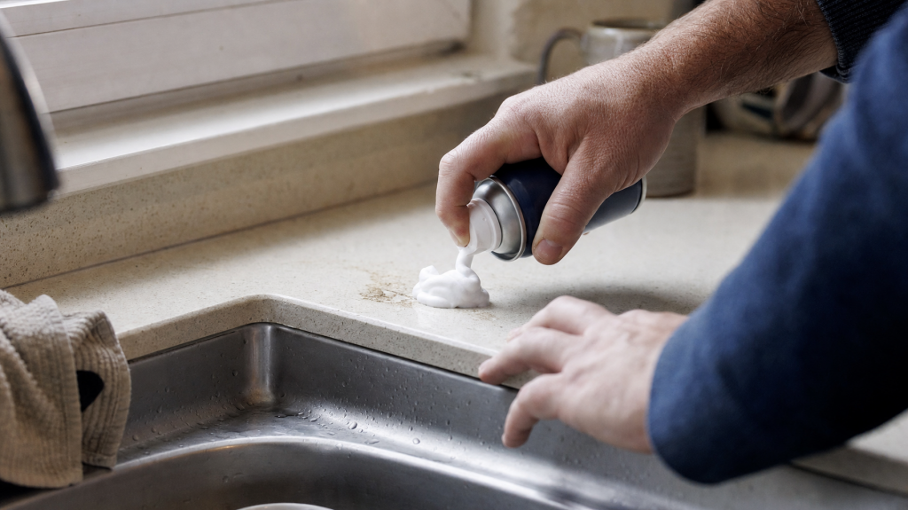Close-up of hands applying white shaving foam from an unbranded can onto a small kitchen countertop stain, natural light, shallow depth of field.