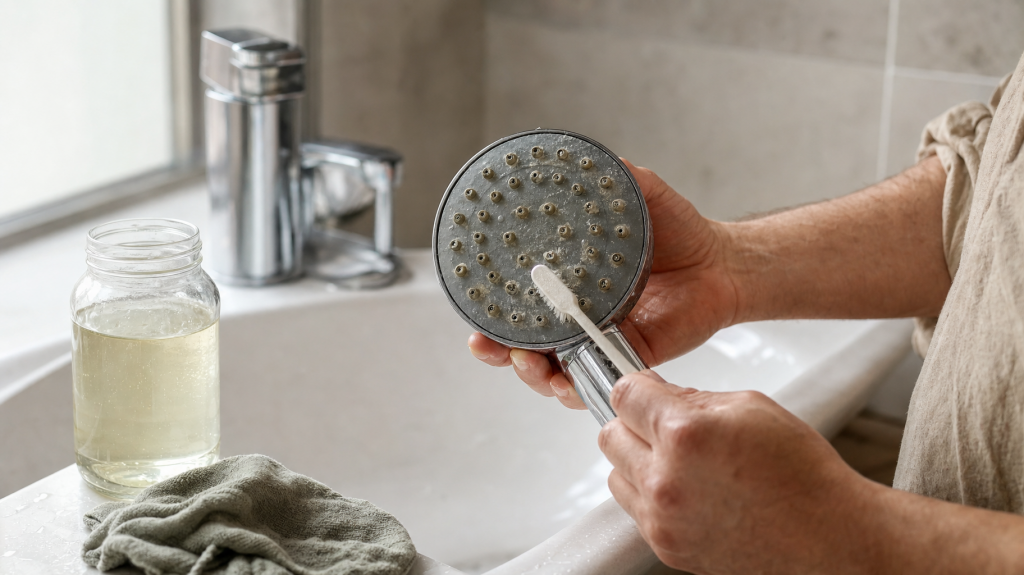 Close-up of hands scrubbing a chrome showerhead with visible white limescale using a toothbrush and vinegar jar in a softly lit bathroom, shallow depth of field.