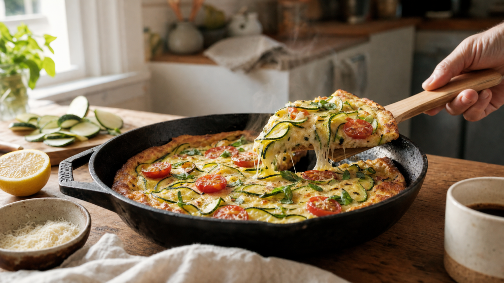 Journalistic photo of a zucchini skillet pizza in a cast-iron pan on a wooden table, a hand lifting a slice, soft window light and blurred kitchen background.