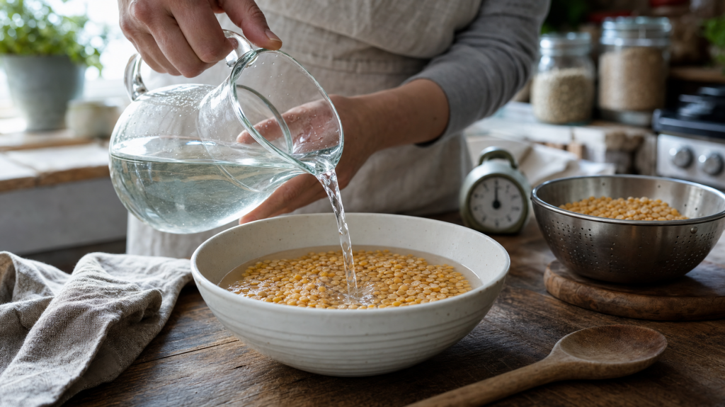 Hands pouring water into a ceramic bowl of dried peas on a wooden table in a sunlit kitchen while preparing to soak them for soup.