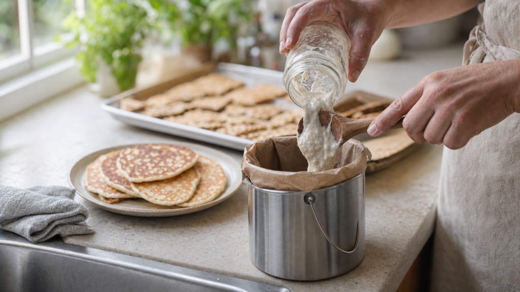Hands scraping sourdough discard from a jar into a small compost caddy on a sunlit kitchen counter, pancakes blurred in background.