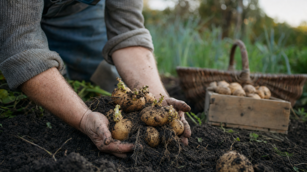 Gardener pulling sprouted potatoes from soil during an autumn harvest; hands and tubers in sharp focus, basket and field blurred in background.