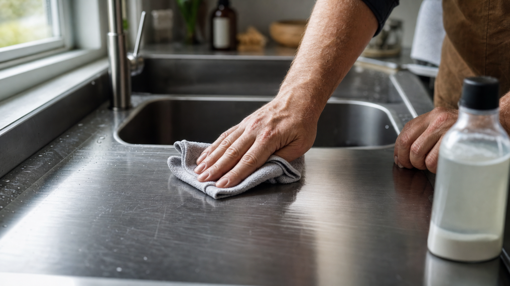 Close-up of hands buffing fine scratches from a brushed stainless-steel sink with a microfiber cloth in natural window light.