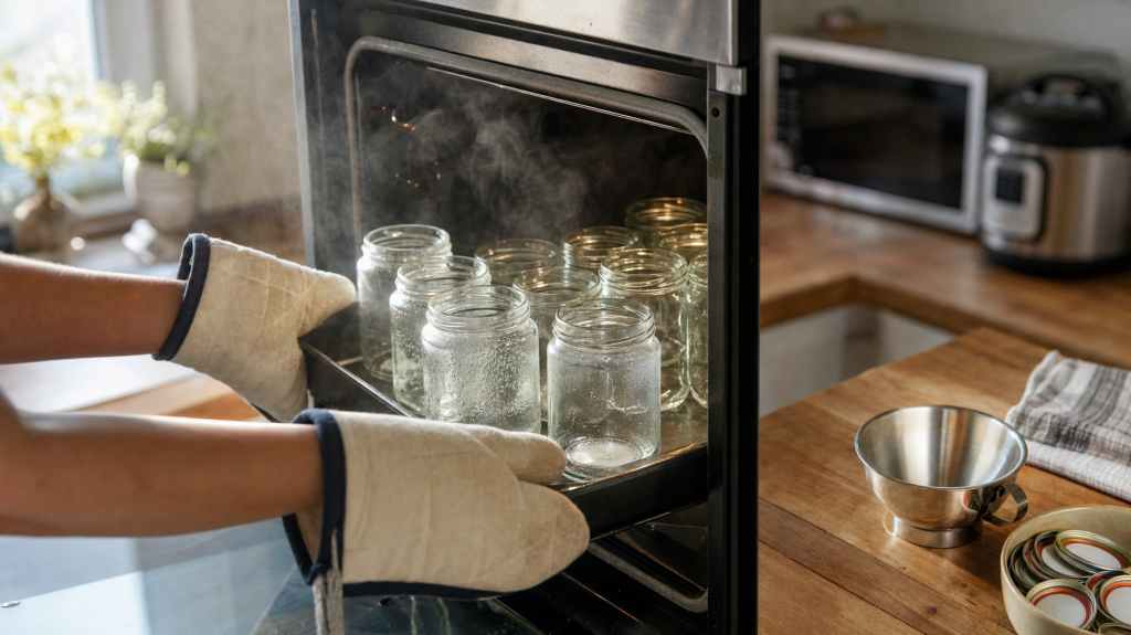 Hands in oven mitts pulling a baking tray of clean glass canning jars from an open oven in a sunlit home kitchen; microwave and multicooker blurred in the background.