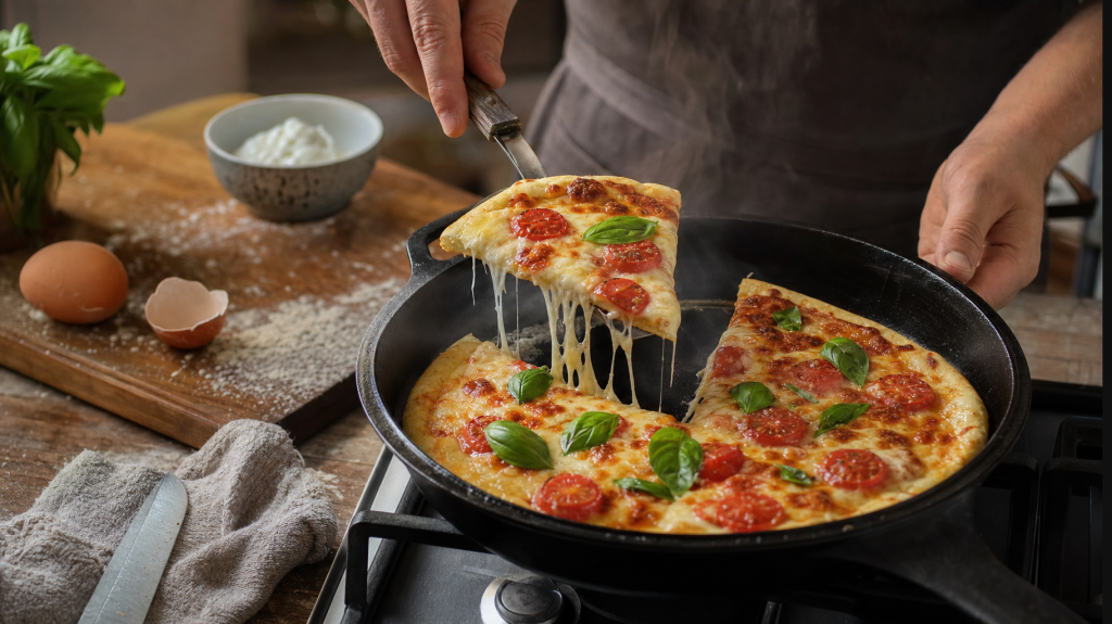 Cast-iron skillet with a golden stovetop pizza; a cook lifts a slice with a spatula so melted cheese stretches, steam rising, with bowls of sour cream, cracked egg and flour on a wooden counter in natural window light.