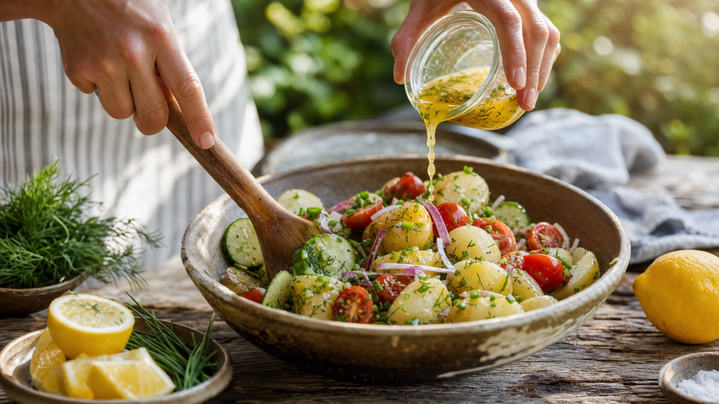 Journalistic photo of a summer potato salad in a ceramic bowl on a sunlit wooden table, a hand drizzling lemon dressing, with lemon halves and fresh herbs nearby.