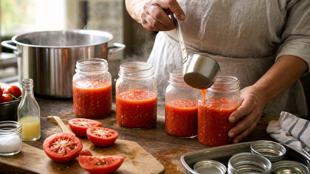 Hands pouring steaming tomato juice from a ladle into sterilized glass jars on a sunlit wooden counter, with ripe tomatoes and canning tools nearby.