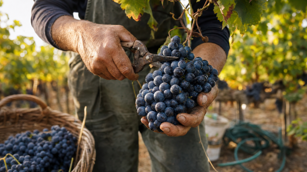 Close-up of gardener's hands harvesting ripe grapes with pruning shears in a sunlit vineyard, crate and vines blurred in the background.