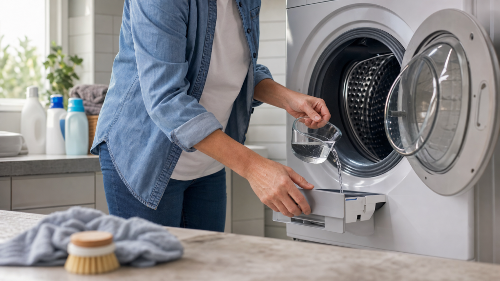 Hands pouring white vinegar into the open drum of a front-loading washing machine in a sunlit laundry room; cloth and brush nearby, photojournalistic style.