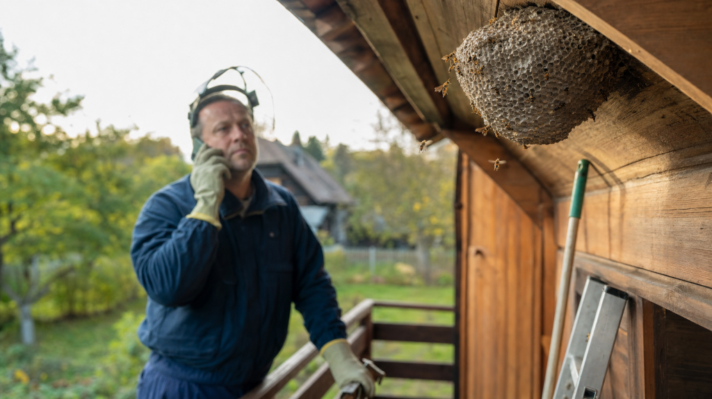 Homeowner in gloves inspecting a wasp nest under a balcony eave, natural morning light, shallow depth of field.