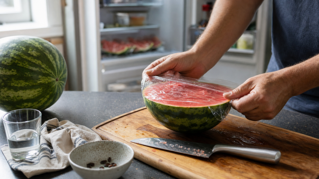 Editorial photo of hands covering a freshly cut watermelon with cling film on a wooden cutting board, whole watermelon on counter, soft window light.