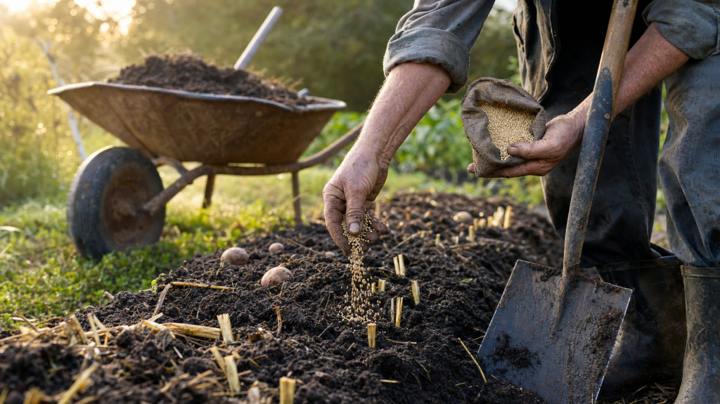 Candid close-up of a gardener's hands sowing white mustard seeds into a potato-worn garden bed at dawn, soft natural light, shallow depth of field.