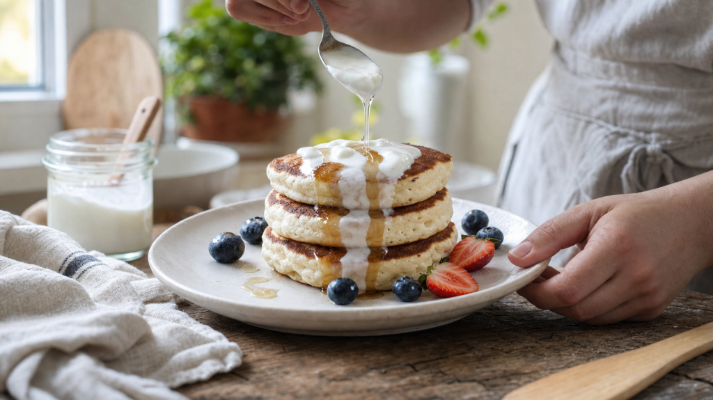 Three fluffy yogurt pancakes on a ceramic plate with yogurt being drizzled over them, fresh berries nearby and a cook's hands in soft morning window light.