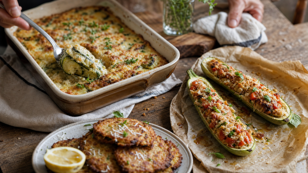 Editorial photo of three summer zucchini dishes — baked casserole, stuffed zucchini boats, and crispy battered zucchini — on a rustic table in natural window light, shallow depth of field.