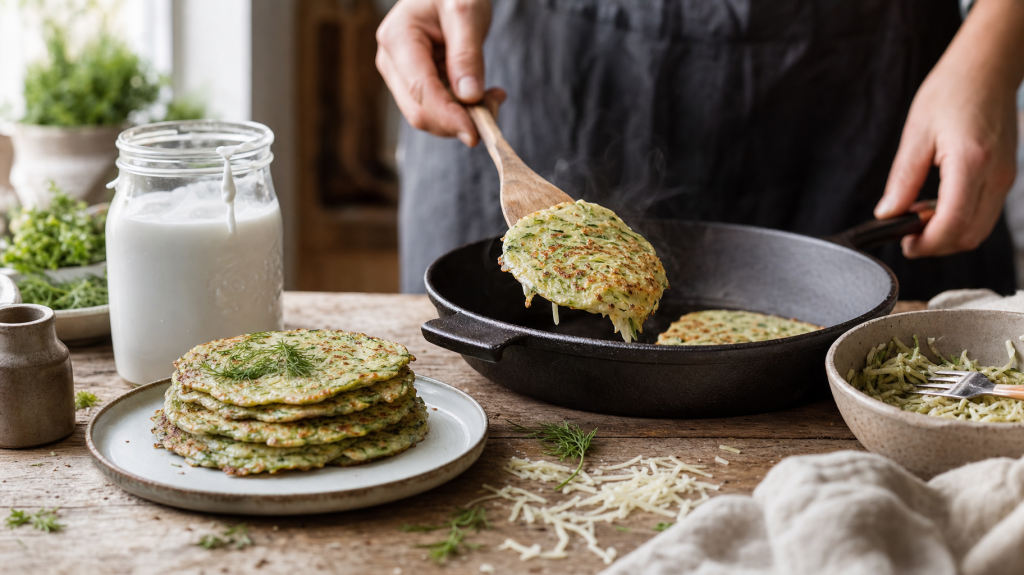 Journalistic photo of a cook lifting a thin zucchini pancake from a skillet, stack of pancakes, jar of kefir and herbs on wooden table.