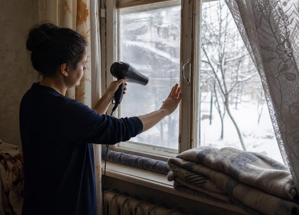 Жінка наклеює ізоляційну плівку на вікно в затишній оселі, видно штори, плед і мороз за вікном